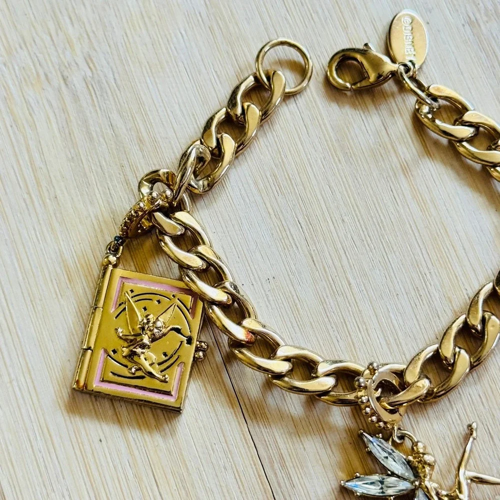 Disney Couture Story Book Tinker Bell Charm Bracelet Gold Plated Chain Crystal